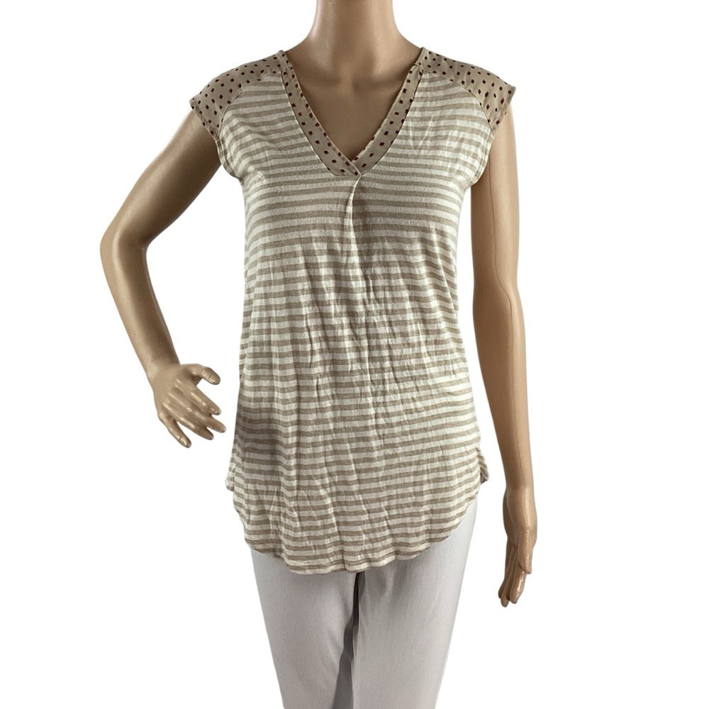 Anthropologie Little Yellow Button Daystripe Tee Striped Dot Trim XS